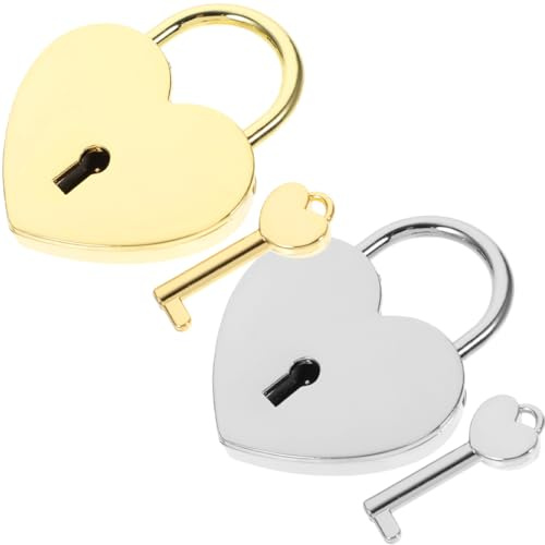 Alipis Lot de 2 Sets de Cadenas à Clé Forme Cœur, Métal Argenté et Doré, Grand Format, Mini-cadenas de Valise et Journal Intime, Cadenas de Casier Décoratif pour Présents Saint-valentin