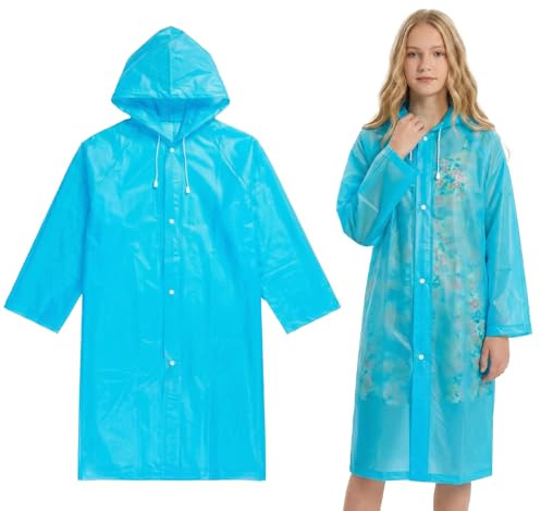 Geukmun 2 Pack Rain Poncho for Kids, Eva Waterproof Ponchos for Boys Girls, Reusable Rain Coats with Hood Buttons for School, Travel, Outdoor Activities