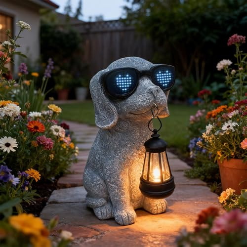 Vovkokc Gartendeko Solar Draußen Hund Figuren - Lustige Hunde Garten Deko mit Wasserdicht Laterne, Solarlampe Gartenfiguren, Geschenk für Hundebesitzer Mama Frauen Männer, für Balkon Rasen Zimmer