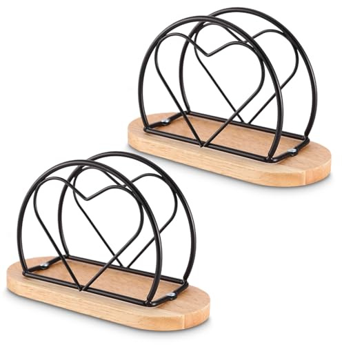 2 Stück Serviettenhalter Schwarz, Serviettenhalter Holz Metall, Serviettenständer Herzform, 15.7×10cm Servietten Halterung für Küche, Zuhause, Bar, Restaurant