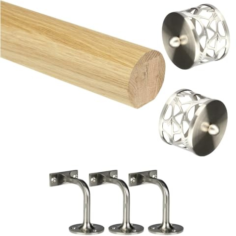 Jackson Woodturners Oak Mopstick Handrail Kit with Brushed Nickel Wall Brackets & Filigree End Caps Stair Rail (2400mm + 3 Wall Brackets)