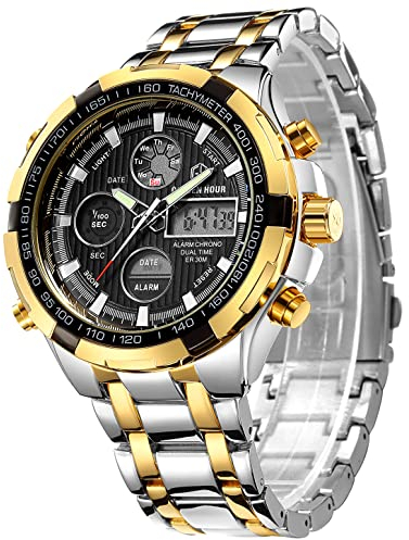GOLDEN HOUR lusso in acciaio inox analogico digitale orologi per uomo sport all'aperto impermeabile grande orologio da polso pesante (Silver Gold Black)