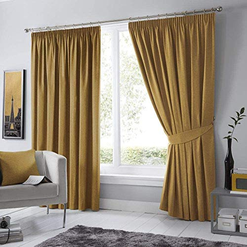 Fusion - Ochre Yellow Blackout Curtains W46 x L54 (117 x 137cm) - Pencil Pleat Curtains in Yellow - 2x Panels - Thermal Curtains for Bedroom & Living Room - Pleated Curtains and Drapes in Mustard
