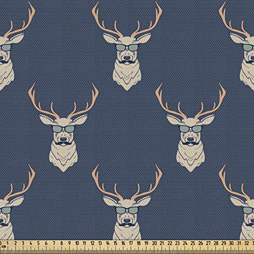 ABAKUHAUS Hirsch Gewebe als Meterware, Retro Hipster Tiere, Dicht Gewebter Stoff zum Nähen Polster Wohnaccessoires, 3M (148x300cm),Blaugrau Tan