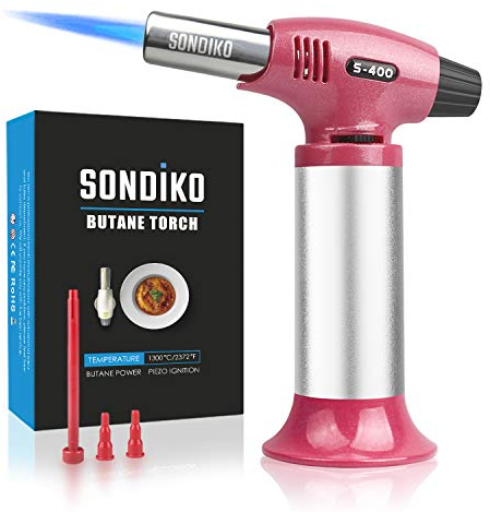 Sondiko Blow Torch, Kitchen Cooking Torch Refillable Blow Torch Lighter with Safety Lock&Adjustable Flame for BBQ, Creme Brulee, Baking, DIY&Soldering (Butane Gas not Included)