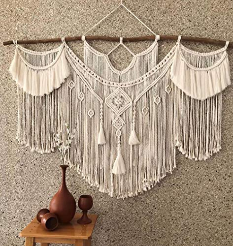 CBXSF Grande Appeso a Parete in macramè Decoro Bohemien Arazzo macramè sopra la Testiera d'Arte Arazzo Intrecciato Decorazioni per Bastone in Legno Naturale,110cm(Larghezza) X 80cm(Lunghezza)