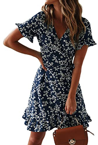 TOPLAZA Robe de Plage Femme Ete Fleurie Portefeuille Col en V Manches Courtes, Bleu, M