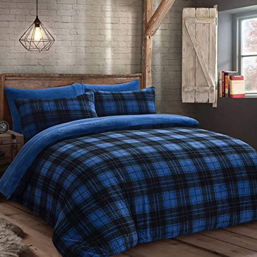 Velosso Teddy Fleece Reversible Single Bed Duvet Cover Set, Modern Check Pattern 2 Piece Bedding Set with 1 Pillowcase, Button Closure (Blue)