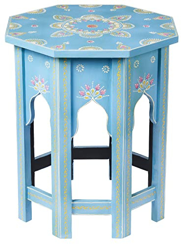 MARRAKESCH Beistelltisch Nachttisch aus Holz 47cm groß Tisch Hocker Boufa blau als Orientalische Dekoration