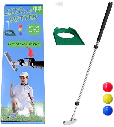 Go For It Golf barnputter med utdragbar axel – justerbar storlek för juniorgolfare – vänster- och högerhänt – idealisk träningsklubb för barn, ungdomar – inkluderar 4 st bollar – silver, 43 cm – 89 cm