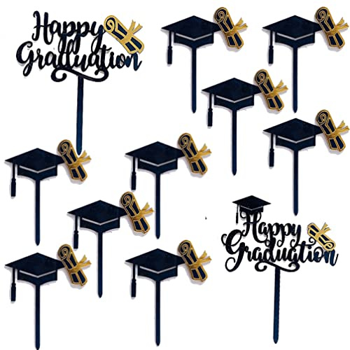 Houhounb Graduation Cake Toppers Geburtstagskuchen Acryl Deko 2 Happy Graduation Cake Topper und 9 Graduation Hat Dekoration für Abschluss Tortenaufsatz Abschluss Aufkleber，Schwarz