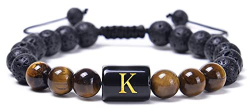 Aotiwe Armband Perlen Verstellbar, Armbänder für Herren Buchstabe K Schwarz Kristall 29.2cm mit Rundschliff Lavagestein