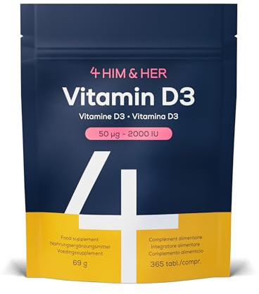 4 HIM & HER Vitamin D3 2000 IU Vitamin D Tablets - 365 Vegetarian Tablets (1 Year Supply) - Immune & Bone Support - UK Made
