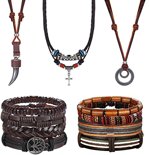 Kakonia 11 Piezas Pulsera De Cuero Cadena De Cuero Hombre Damas Conjunto De Joyería Trenzado Boho Ethnic Wrap Pulsera Puño Hecho A Mano Pulseras Ajustables Collar