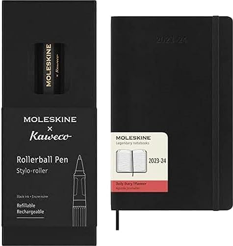 Moleskine Daily Planner 2023-2024 + Moleskine x Kaweco Penna Roller Ricaricabile, Agenda 18 Mesi con Copertina Morbida Nera 13x21cm, Penna Ricaricabile Nera con Inchiostro Nero