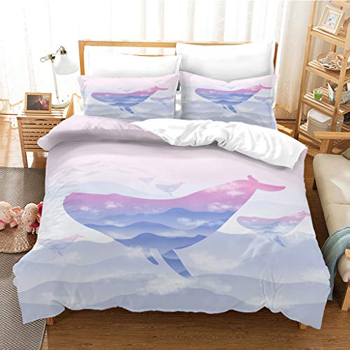 Bettwäsche 135X200Cm 3 Teilig 3D Lila Tierwal Druck Bettbezug Set, Baby Bettwäsche Weiche Flauschige Hypoallergen Mikrofaser Bettbezüge Mit Reißverschluss Und 2 Kopfkissenbezug