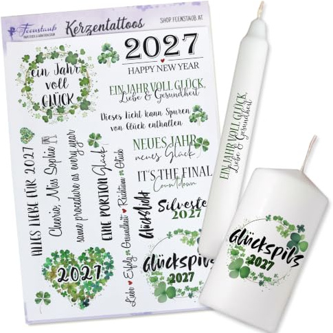 FEENSTAUB Kerzentattoos Silvester, Kerzenfolie, Mitbringsel zu Silvester, Silvesterfeier 2026, Neues Jahr Geschenk, Kerzen Transferfolie, Glücksklee Sticker, Jahreswechsel Glücksbringer