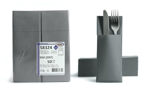 AROBA 50x Airlaid Besteckservietten (Grau, 32x40 cm) - Hochwertige Serviettentaschen - Fertig gefaltete Bestecktaschen - Stoffähnliche Airlaidservietten