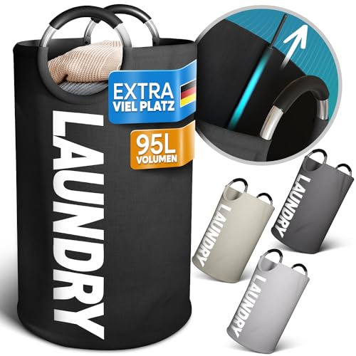 Loco Bird Faltbarer Wäschekorb 95L Schwarz – Großer Wäschesammler mit Griffen - Leichter Schmutzwäschebehälter - Robuster Laundry Basket - Vielseitige Wäschetruhe - schmale Wäschetonne