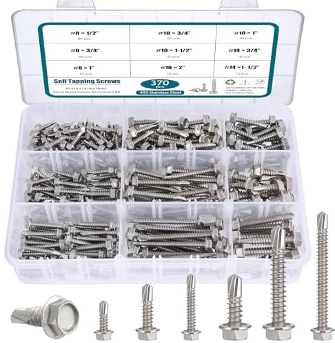 SATANTECH #8#10#14 Self Drilling Screws Assortment Kit,410 Stainless Steel Self Tapping Sheet Metal Screws Hex Washer Head,370Pcs Self Tapping Screws for Metal Wood Plastic,1/2 3/4 1 1-1/2 2