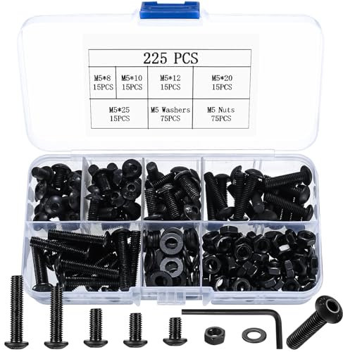 225 Pcs M5 Boulons et Écrous, Vis à Tête Hexagonale avec Rondelles Kit, Boulons à Six Pans Creux pour Vélo, Moto - Tête Cylindrique Hexagonale Noire