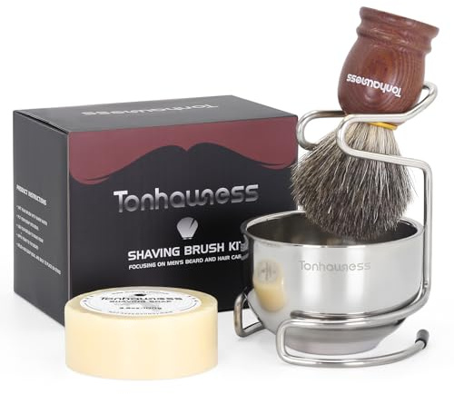 Tonhawness Kit de blaireau de rasage 4 en 1 pour homme comprenant un blaireau de rasage en blaireau pur, du savon à raser, un bol de rasage en acier inoxydable et un support pour homme (marron-A)