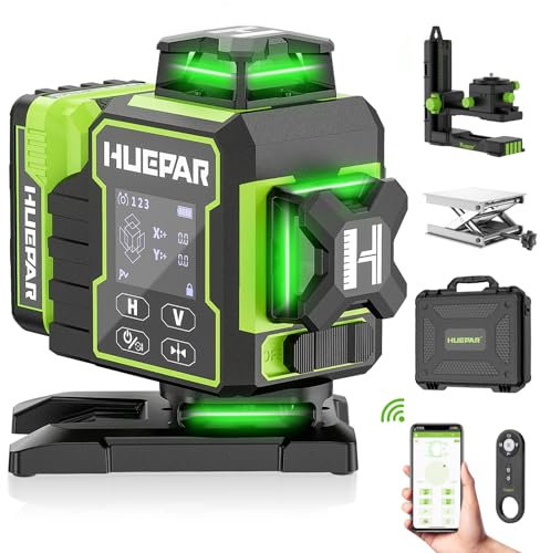 Huepar 2024 New Edition W04CG 4D Laser-Wasserwaage, LCD-Display Laser-Wasserwaage mit drehbarer Motorbasis, 360° selbstnivellierender Kreuzlinienlaser – Bluetooth-Fernbedienung, Pulsmodus