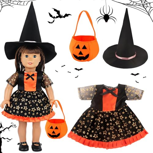 Dockkläder halloween, halloweendockkostym, 45 cm dockor klä upp kostym, dockor kläder, dockklänningar, häxhatt klänning, leksak för halloween, karneval, maskerad häxnatt, cosplay