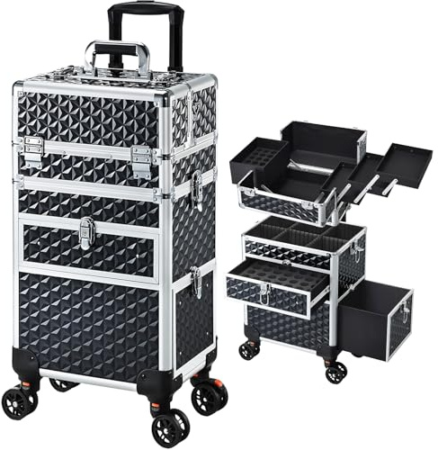 Makeup Trolley 2-in-1 Large Vanity Case Makeup Case on Wheels | with Drawers Lockable Make Up Box Organiser Storage Professional Nail Polish Organiser Beauty Hairdressing Trolley on Wheels