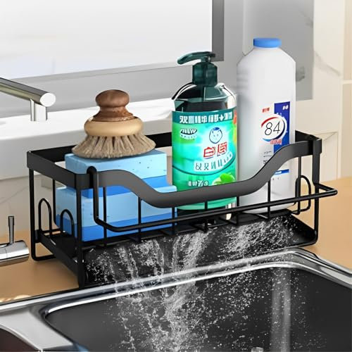 YYAOEMI Stainless Steel Sink Caddy Organiser with Self Draining Tray, Sink Storage Rack with Dishcloth Hanger for Kitchen, Countertop, Bathroom (Black)