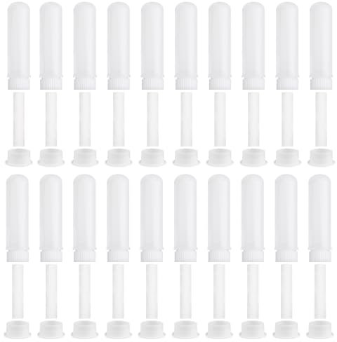 20 Pièces Blanc Stick Inhalateur pour Huiles Essentielles Nez, Tubes D'huile Essentielle Inhalateur Nasal Rechargeables Plastiques Vides avec 20 Mèches, Tube Aromathérapie pour Détendre Le Corps