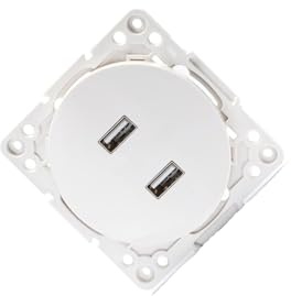 Adattatore a 2 prese USB, tedesco/francese, colore bianco, ideale per caricare dispositivi elettronici in diversi tipi di prese.