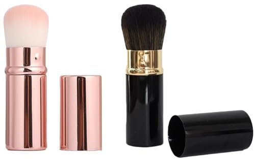 Hinapan Lot de 2 pinceaux Kabuki rétractables avec couvercle, pinceau à blush pour le visage de voyage, pinceau portable pour poudre, fond de teint, crème liquide, crème liquide, blush