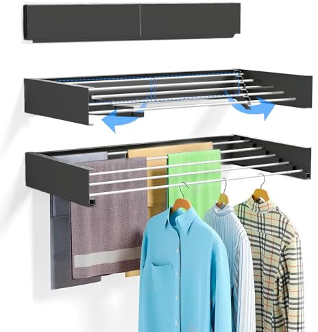 JUPPLIES Tendedero Pared Plegable Retractil 120cm - Tendederos Plegables de Pared para Interior o Exterior - Ahorra de Espacio con Diseño Compacto de 30 kg de Capacidad (Negro, 120cm)