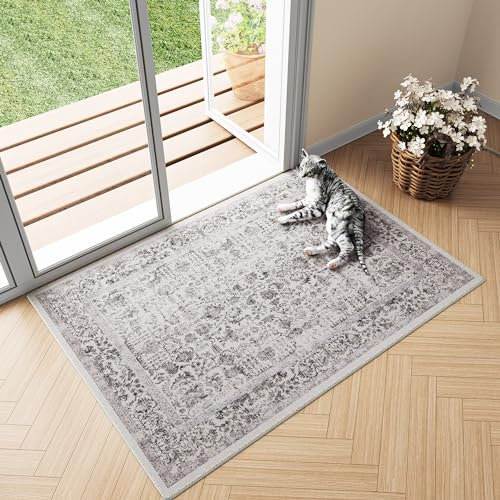 HUGEAR Alfombra Pequeña Entrada Casa Negro Antideslizante Lavables en Lavadora Tapetes 60x90cm Habitacion BañO Cocina Exterior Tapete Vintage Flor Pelo Corto Carpete