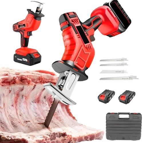 Cortadora Eléctrica de Sierra Para Huesos Para Cortar Carne Congelada con 2 Baterías, Sin Escobillas y 4 Cuchillas de Metal, Motor, Regulación Continua de Velocidad, Corte Rápido 2 Batteries