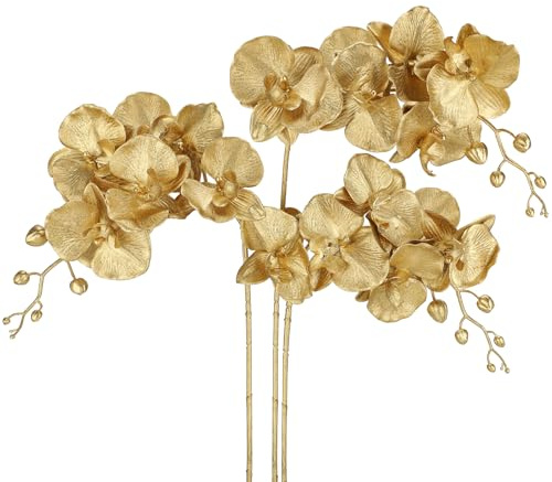 Briful 3PCS Glitter Artificial Orchid Silk Flowers - 31.5 Artificial Phalaenopsis Stem with 5 Blossoms - Fake Orchid Stems Decorative Artificial Flowers for Centerpieces Christmas Wedding Décor