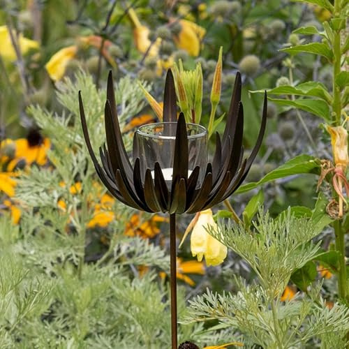 Crocus Collection 90cm Tealight Lantern Decorative Flower Stake Antique Bronze Metal Candle Holder Freestanding Pole