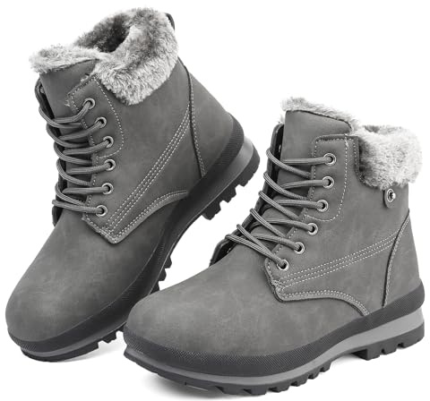 Snow Boots Womens Winter Boots Warm Fur Lined Walking Boots Ankle Boots Ladies Hiking Boots Mid Calf Boots Lace up Outdoor Non-Slip Work Booties Girls Light weight Grey