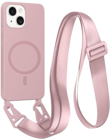 FNPCUON Cover Magnetica con Cordino per iPhone 13 Mini Compatibile con MagSafe,Ricarica Wireless, Placcatura Disegno Custodia con Collana Laccio Tracolla Regolabile Case.Rosa