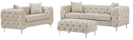 Vente-unique-Chesterfield-Sofa 3-Sitzer, 2-Sitzer & Chesterfield-Hocker - Samt - Beige - Edwina