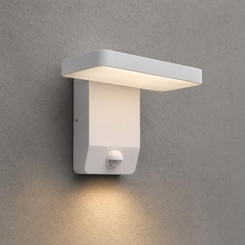 Maxkomfort LED Außenwandleuchte mit Bewegungsmelder 9W Weiß IP44 – Moderne Aluminium Wandleuchte 3000K Warmweiß für Garten & Eingang – Außenleuchte 230V
