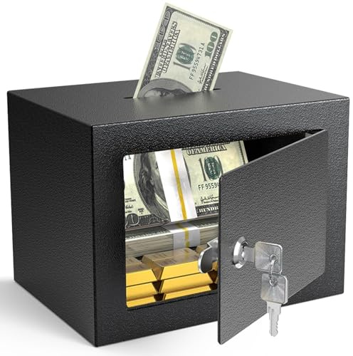 PATRON Small Safe Box with Key Lock,Mini Safe for Money with Coin Slot，Steel Security Deposit Box for Cash Jewelry Coin，0.24 Cubic Feet