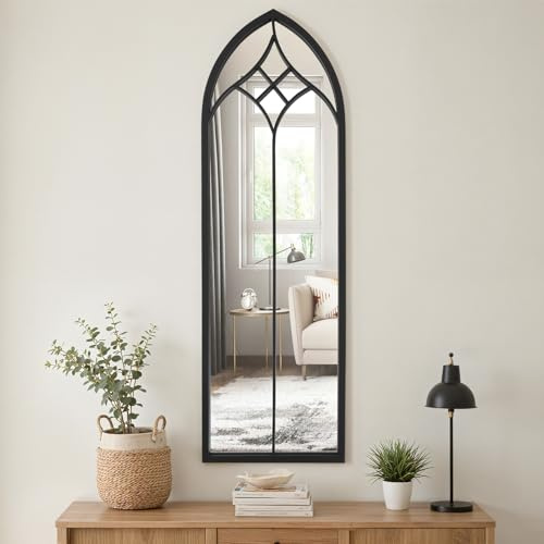 Warmiehomy Arched Window Mirror Garden Outdoor Wall Mirror with Metal Frame for Courtyard,Living Room,Hallway Decor(30x100cm, Black-6)