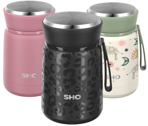 SHO Food Flask Insulated Stainless Steel (Black Leopard, 530ml) | Leakproof, 10H Hot, 20H Cold, Stainless Steel Spork, Reusable, BPA-Free