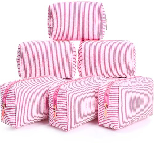 Sanwuta 6 Pcs Seersucker Cosmetic Bags Bulk, Striped Zippered,Pink | Makeup Bags Women Pouch, Large Preppy Storage Toiletry Travel Pouch for Wedding Bridesmaid Bride Favor Back to Teacher Gift