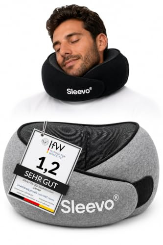 Sleevo Nackenkissen Memory Foam – Nackenhörnchen Reisekissen für Flugzeug, Auto & Reise – Ergonomisches Schlafkissen mit Nackenstütze, Waschbar inkl. Tasche – Grau (L)