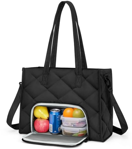 ZOMFELT Lunch Tote Bag, 15.6 Inch Puffer Laptop Lunch Bag for Women, Quilted Large Work Bag with Insulated Lunch Compartment, Lunch Bags for Work Womens, Travel, Nurse, Teacher, Camping, Black