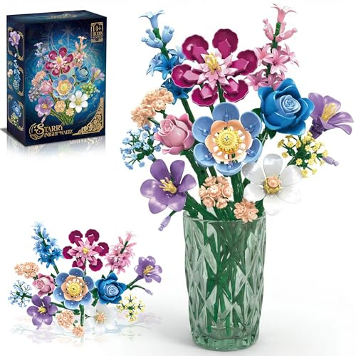 Bouquet de Fleurs à Construire pour Adultes & Ados 14+, Compatible avec Lego, 730 pièces Collection Botanique Nuit Étoilée avec Roses, Lys & Gypsophile, Décoration Maison & Bureau