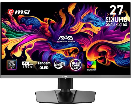 msi Monitor MAG 272UP QD-OLED E16 de 27 4K UHD con tecnología Tandem QD-OLED (3840 × 2160), 165 Hz, 0,03 ms, certificación DisplayHDR True Black 400, compatible con G-SYNC, HDMI 2.1, DisplayPort 1.4a